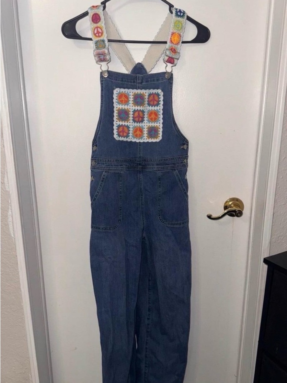 Tractr Denim Overalls Girls 12 Blue Crochet Peace Sign Boho Festival